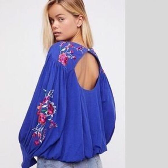 Free People Embroidered Balloon Sleeve Lita Boho Blouse Pullover‎ Small - Picture 1 of 16